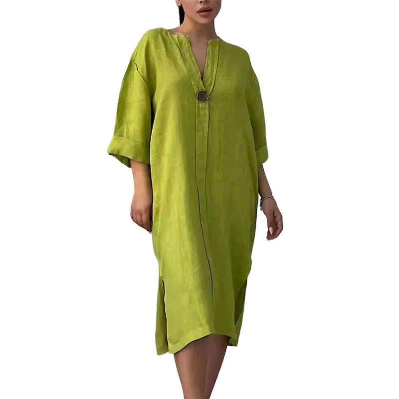 Women’s Relaxed V-Neck Linen Blend Midi Shirt Dress