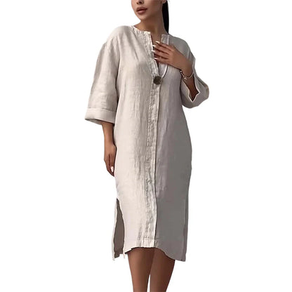 Women’s Relaxed V-Neck Linen Blend Midi Shirt Dress