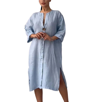 Women’s Relaxed V-Neck Linen Blend Midi Shirt Dress