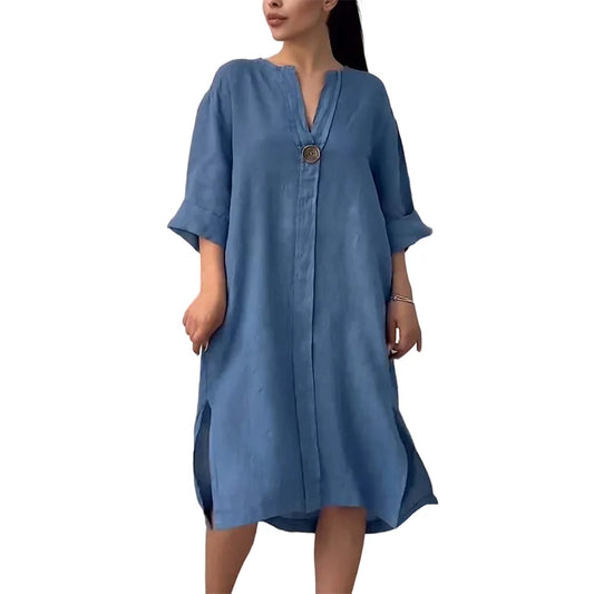 Women’s Relaxed V-Neck Linen Blend Midi Shirt Dress