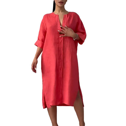 Women’s Relaxed V-Neck Linen Blend Midi Shirt Dress