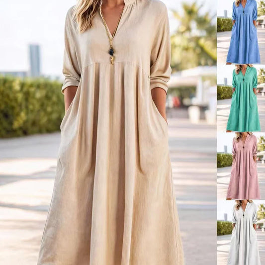 Women’s Empire Waist V-Neck Midi Dress with Pockets