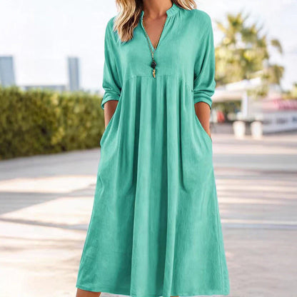 Women’s Empire Waist V-Neck Midi Dress with Pockets