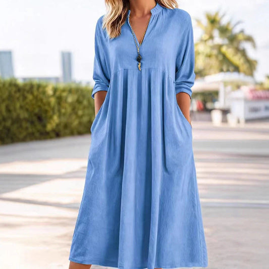 Women’s Empire Waist V-Neck Midi Dress with Pockets