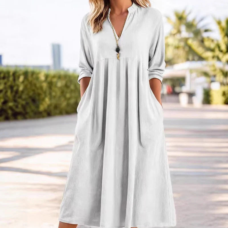 Women’s Empire Waist V-Neck Midi Dress with Pockets