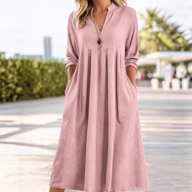 Women’s Empire Waist V-Neck Midi Dress with Pockets