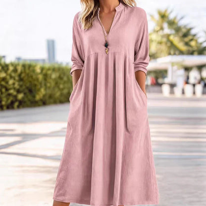 Women’s Empire Waist V-Neck Midi Dress with Pockets