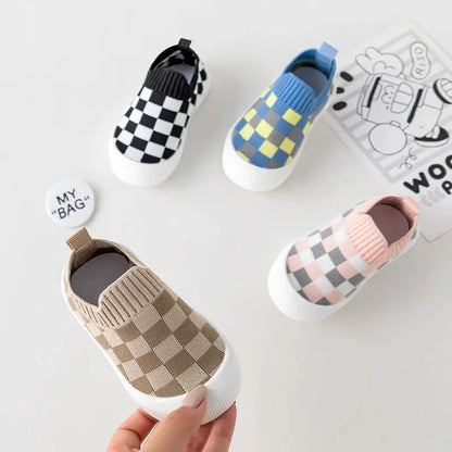Baby Slip-On Checked Trainers First Walkers Non-Slip Shoes