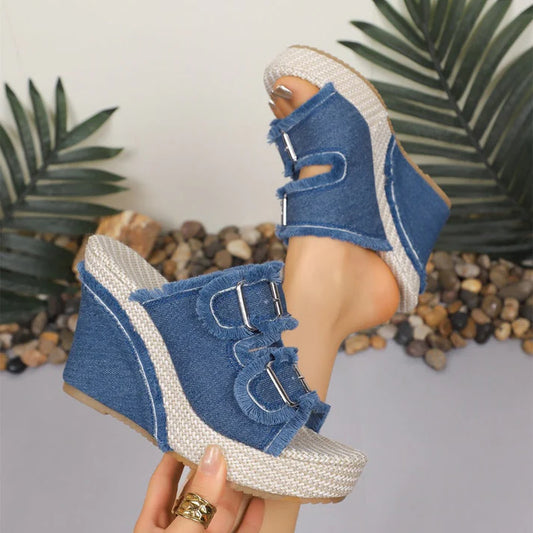 Women’s Denim Platform Slide Buckle Sandals