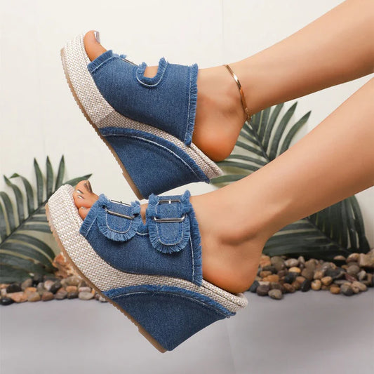 Women’s Denim Platform Slide Buckle Sandals