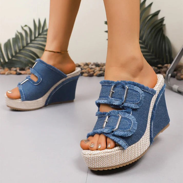 Women’s Denim Platform Slide Buckle Sandals
