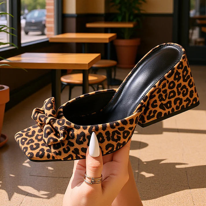 Women’s Leopard Bow Square-Toe Block Heel Sandals