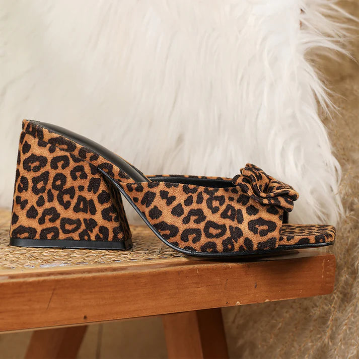 Women’s Leopard Bow Square-Toe Block Heel Sandals