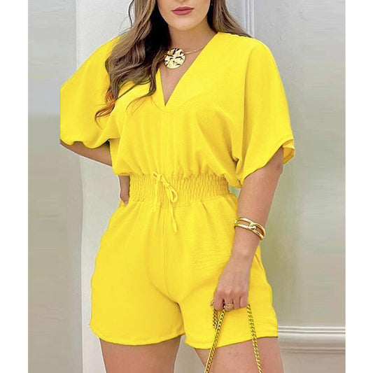 Women’s Casual Elastic Waist V-Neck Romper Shorts