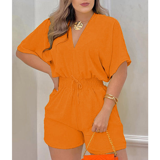 Women’s Casual Elastic Waist V-Neck Romper Shorts