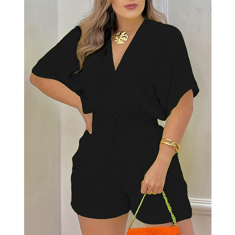Women’s Casual Elastic Waist V-Neck Romper Shorts