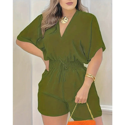 Women’s Casual Elastic Waist V-Neck Romper Shorts