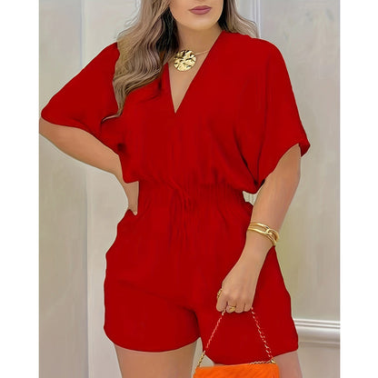 Women’s Casual Elastic Waist V-Neck Romper Shorts