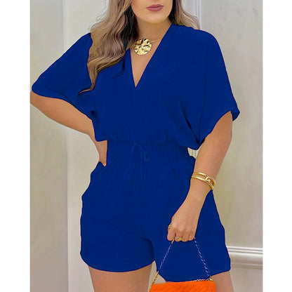 Women’s Casual Elastic Waist V-Neck Romper Shorts