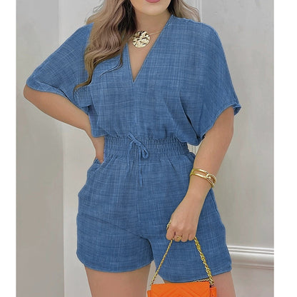 Women’s Casual Elastic Waist V-Neck Romper Shorts