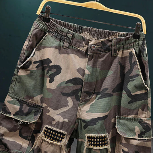 Men’s Studded Camo Cargo Shorts with Utility Pockets