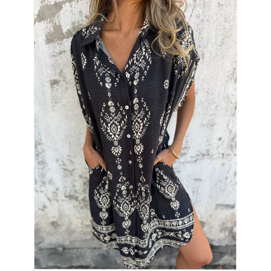 Women’s Relaxed Printed V-Neck Short Sleeve Dress with Pockets