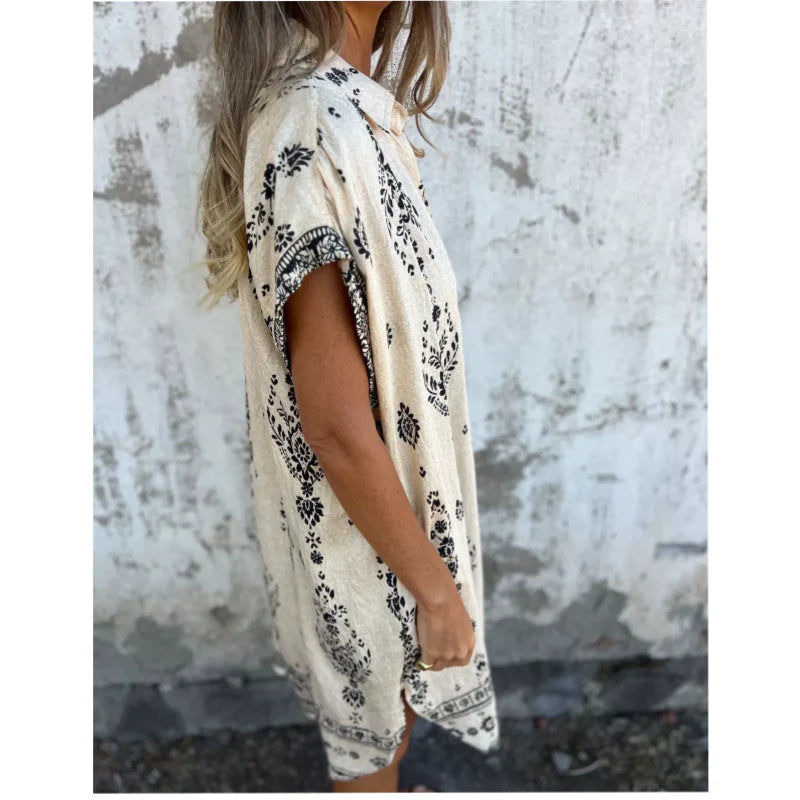 Women’s Relaxed Printed V-Neck Short Sleeve Dress with Pockets