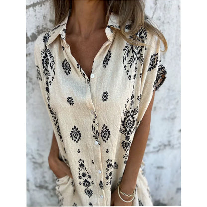Women’s Relaxed Printed V-Neck Short Sleeve Dress with Pockets