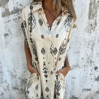 Women’s Relaxed Printed V-Neck Short Sleeve Dress with Pockets