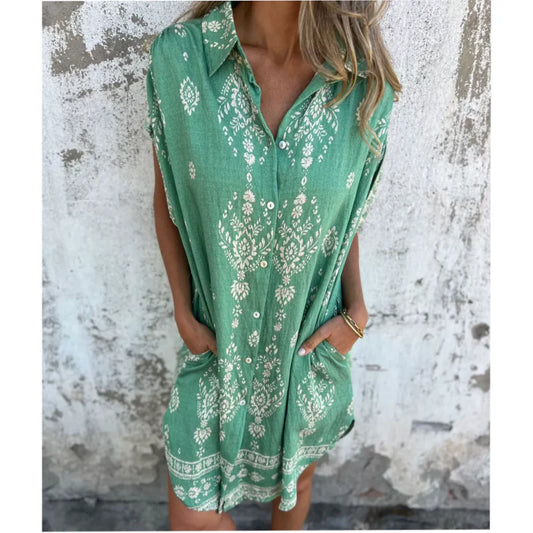 Women’s Relaxed Printed V-Neck Short Sleeve Dress with Pockets