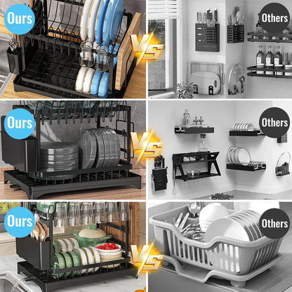 Two-Tier Kitchen Dish Drying Rack with Drain Tray