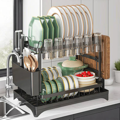 Two-Tier Kitchen Dish Drying Rack with Drain Tray