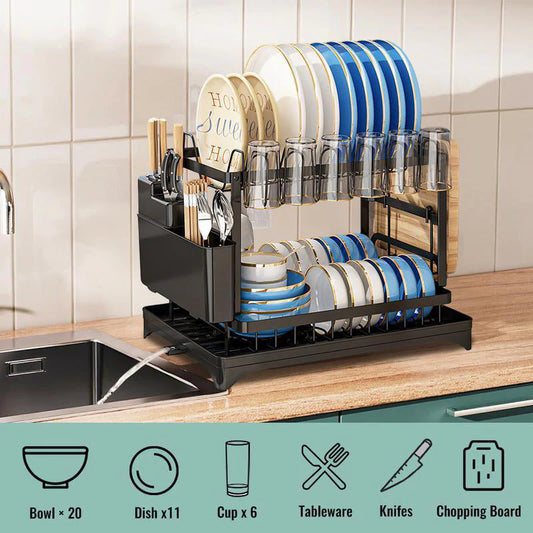 Two-Tier Kitchen Dish Drying Rack with Drain Tray