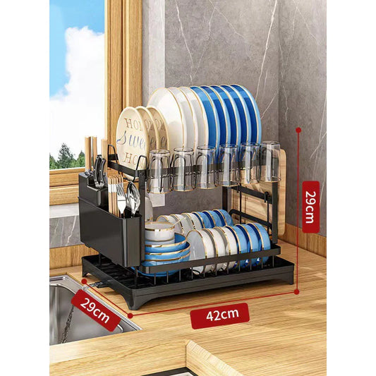 Two-Tier Kitchen Dish Drying Rack with Drain Tray
