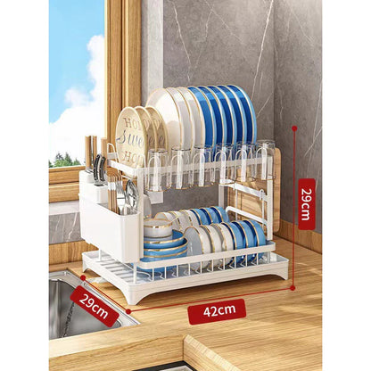 Two-Tier Kitchen Dish Drying Rack with Drain Tray