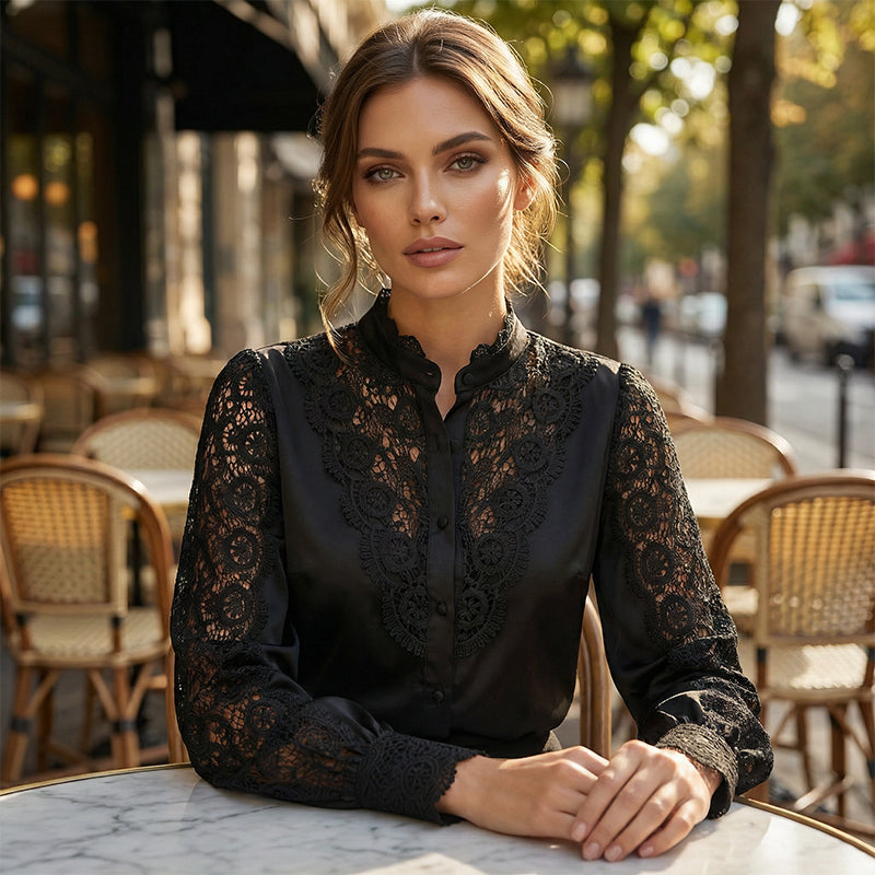 Women’s Elegant Lace Long Sleeve Button Blouse