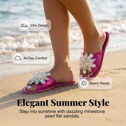 Women’s Pearl Embellished Rhinestone Flat Slide Sandals