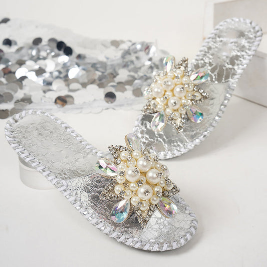 Women’s Pearl Embellished Rhinestone Flat Slide Sandals