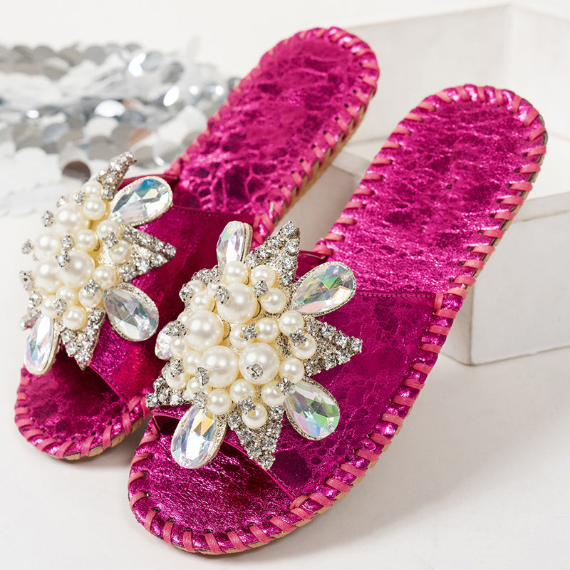 Women’s Pearl Embellished Rhinestone Flat Slide Sandals