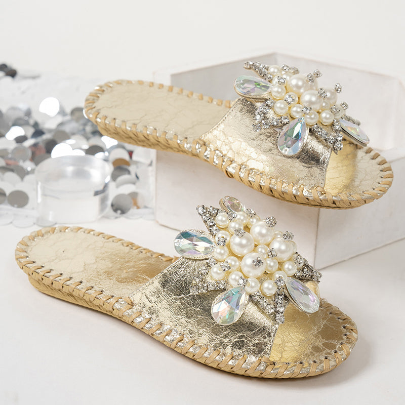 Women’s Pearl Embellished Rhinestone Flat Slide Sandals