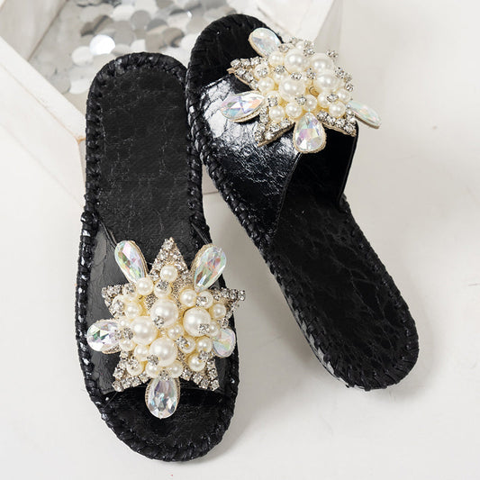 Women’s Pearl Embellished Rhinestone Flat Slide Sandals