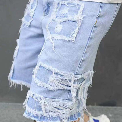 Men’s Distressed Ripped Denim Knee-Length Shorts