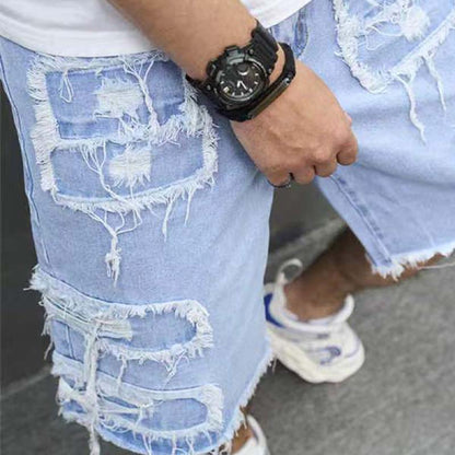Men’s Distressed Ripped Denim Knee-Length Shorts