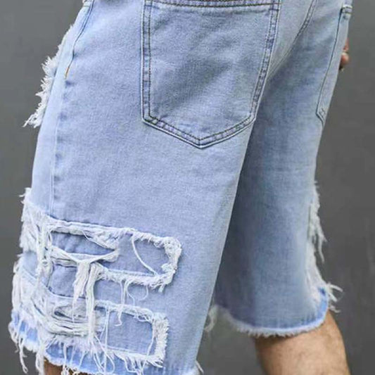 Men’s Distressed Ripped Denim Knee-Length Shorts