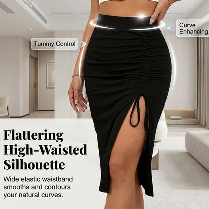 Women’s High-Waist Ruched Bodycon Midi Skirt with Side Split