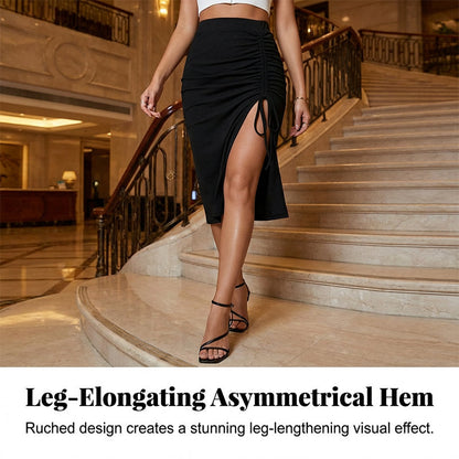 Women’s High-Waist Ruched Bodycon Midi Skirt with Side Split