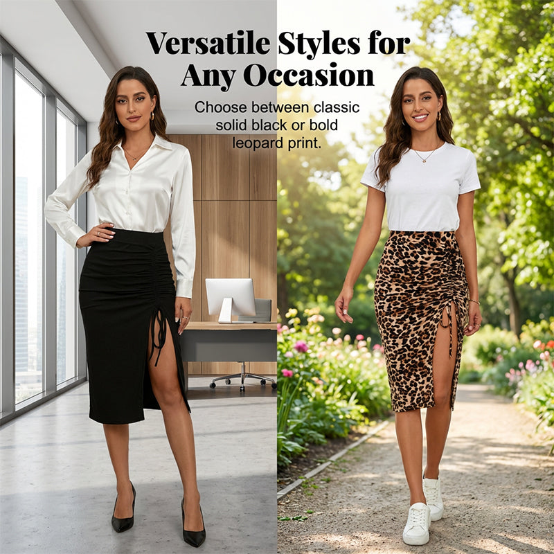 Women’s High-Waist Ruched Bodycon Midi Skirt with Side Split