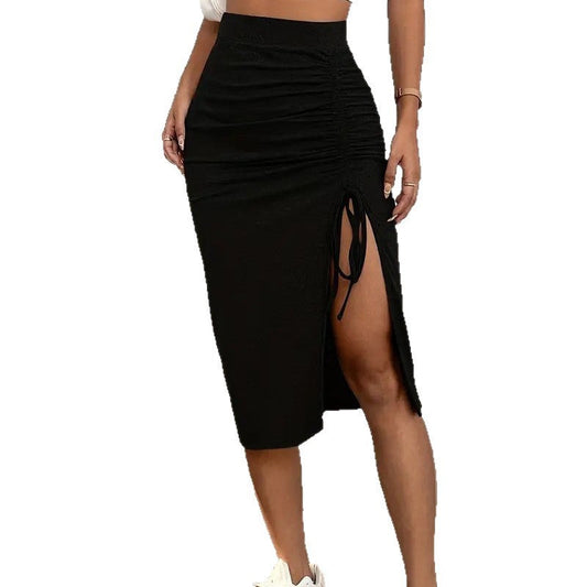 Women’s High-Waist Ruched Bodycon Midi Skirt with Side Split