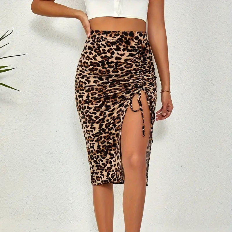 Women’s High-Waist Ruched Bodycon Midi Skirt with Side Split