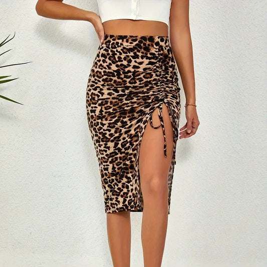 Women’s High-Waist Ruched Bodycon Midi Skirt with Side Split
